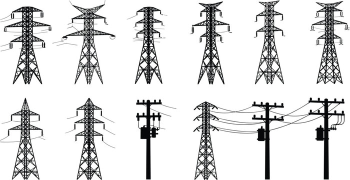 Collection of transmission towers and utility poles, electrical distribution system vector illustration, energy infrastructure artwork, black and white engineering line art design