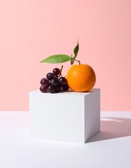 Fresh Fruits on a White Cube in Pink