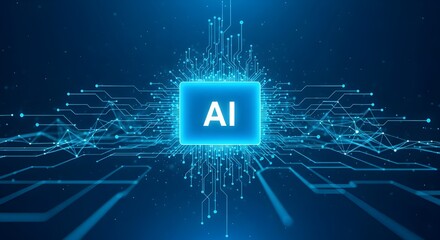 Glowing ai chip at the center of a futuristic digital circuit board with blue light and data streams