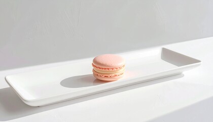 A single pastel pink macaron on a sleek white ceramic tray
