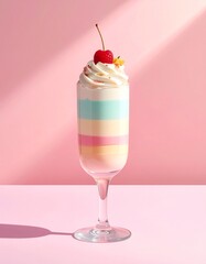 Elegant Layered Dessert Drink with Cherry and Pastel Colors