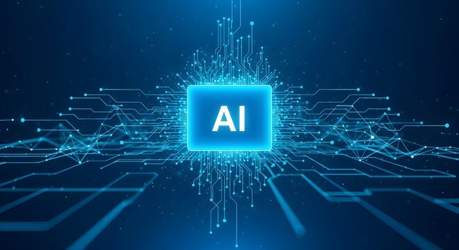 Glowing ai chip at the center of a futuristic digital circuit board with blue light and data streams