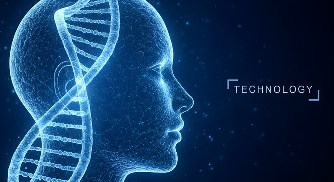 Abstract glowing blue digital human head profile with dna helix and futuristic technology text