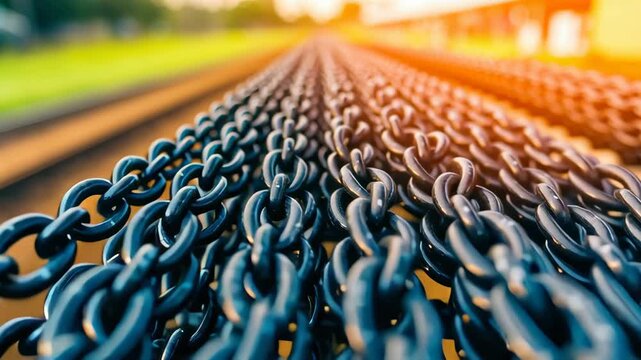 Heavy chain metal link industrial texture steel pattern with depth of field perspective, outdoor closeup sunlight, rugged strength repetition