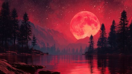 A breathtaking red and orange moon rises over a serene mountain lake, surrounded by tall evergreen trees and a misty forest in the distance. 