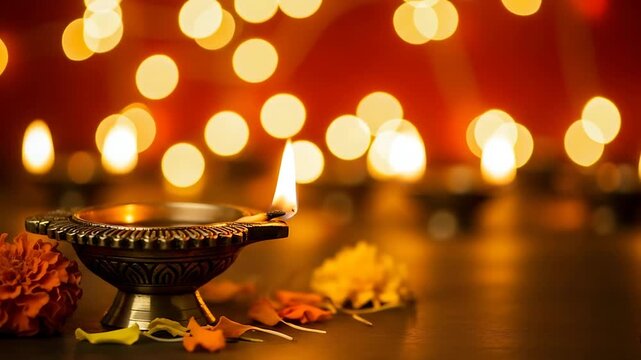 Diwali celebration with illuminated diyas and bokeh lights, conveying festive warmth and