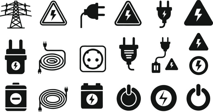 Electricity and power icons set, electrical plugs sockets cords, lightning bolt warning signs, batteries and transmission tower, energy safety symbols vector illustration