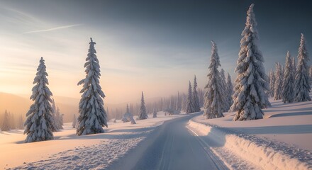 Serene Winter Landscape with Snow-Covered Pine Trees and Road at Sunrise