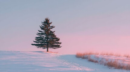 A lone pine tree stands alone on a snowy hillside, its branches reaching out into the distance. The tree is bathed in a soft, pastel pink light, creating a serene and tranquil atmosphere. 