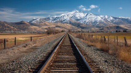 Fototapeta premium A railway track stretching into the distance, leading towards a snow-capped mountain range under a clear blue sky with scattered clouds.