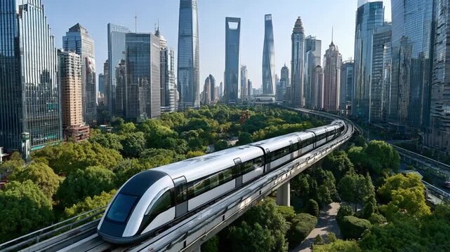 Futuristic Maglev Train in a Green City: A sleek, modern Maglev train glides on elevated tracks through a vibrant cityscape surrounded by lush greenery and towering skyscrapers.