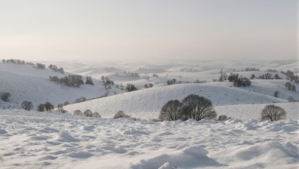 Winter landscape with snow-covered rolling hills, bare trees, and a hazy, distant horizon