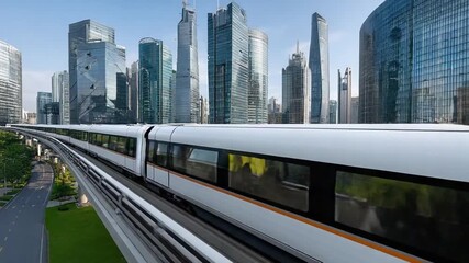 City Commute by High-Speed Train: A sleek high-speed train gracefully glides along an elevated track, cutting through a bustling cityscape of modern skyscrapers and buildings.
