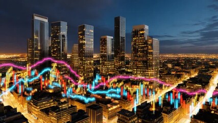 Financial District at Dusk: Illuminated cityscape interwoven with dynamic financial data streams, symbolizing the vibrant pulse of market activity. - Powered by Adobe