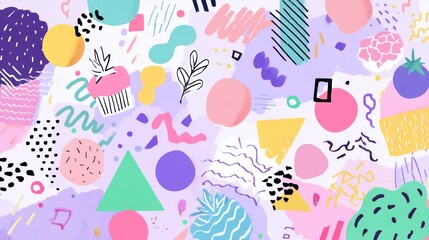 A vibrant, abstract pattern of colorful shapes and patterns on a white background, with a mix of geometric and organic forms.