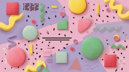 A colorful, abstract composition featuring a mix of geometric shapes, textures, and patterns on a pink and purple background.