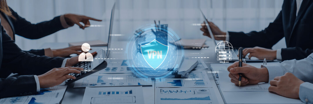 A modern business meeting showcasing cybersecurity discussions, with VPN visualizations and data protection elements present in a sleek office environment. Trope