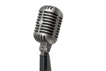 Vintage microphone on a stand, broadcasting sound and music, representing retro radio shows and performance audio on transparent background