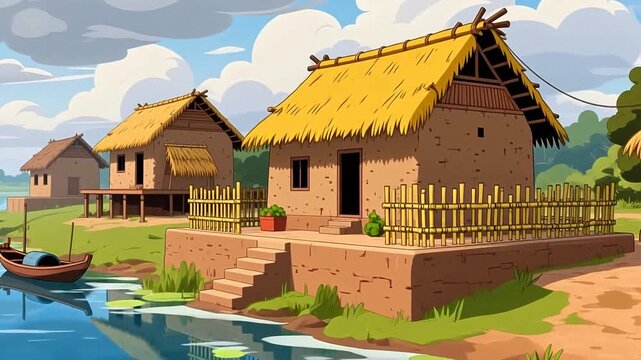 Scenic Riverside Village with Thatched Mud Houses and Wooden Boats, Cartoon Style Illustration