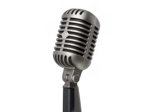 Vintage microphone on a stand, broadcasting sound and music, representing retro radio shows and performance audio on transparent background