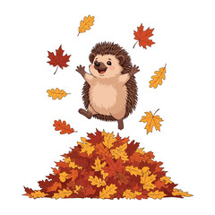 Cheerful cartoon hedgehog joyfully jumping into a pile of colorful autumn leaves © matahari