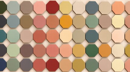 A colorful array of hexagonal tiles in various shades of red, orange, yellow, green, and brown, arranged in a grid pattern on a beige background.