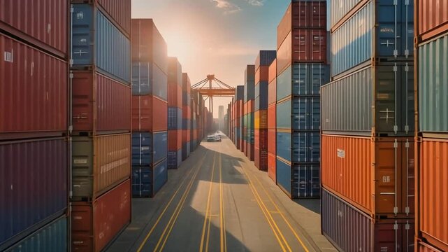 Shipping Container Yard at Sunset - A Symphony of Logistics.
