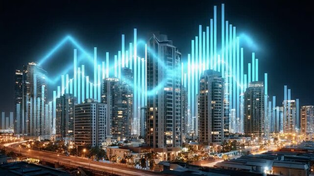 Digital Skyline of Business: An illuminated cityscape is interwoven with dynamic digital data streams, symbolizing the vibrant nexus of technology and urban infrastructure. - Powered by Adobe