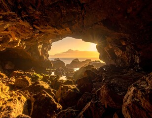 A scenic coastal cave frames the setting sun, illuminating ocean rocks and distant mountains in a golden light