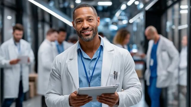 Confident healthcare professional in modern Clinic: A composed doctor, embodying expertise, confidently uses a digital tablet amidst his colleagues. It showcases dedication to patient care.