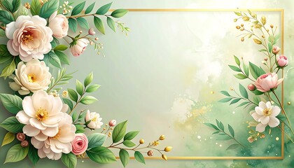 A pastel floral design featuring blooms, foliage, and a rectangular gold frame against a soft, watercolor-like background