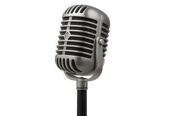 Fototapeta premium Vintage silver microphone on stand presenting retro audio recording, broadcast, and music performance concepts