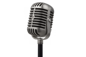 Vintage silver microphone on stand presenting retro audio recording, broadcast, and music performance concepts
