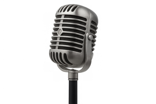 Vintage silver microphone on stand presenting retro audio recording, broadcast, and music performance concepts