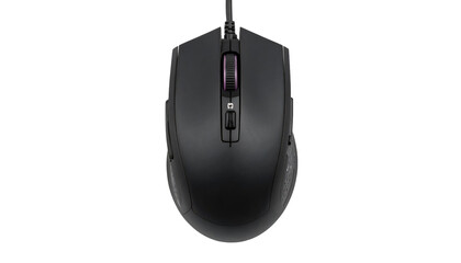 Sleek, matte black gaming mouse centered on dark background, top-down view, with scroll wheel illumination visible
