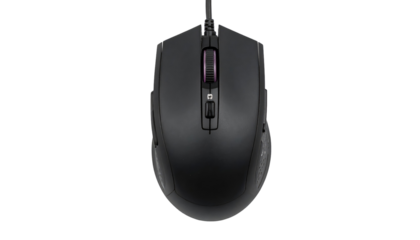 Sleek, matte black gaming mouse centered on dark background, top-down view, with scroll wheel illumination visible