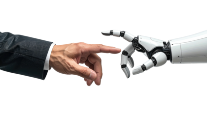 Human and robot fingers touching against a black background, a symbolic gesture of connection between man and machine