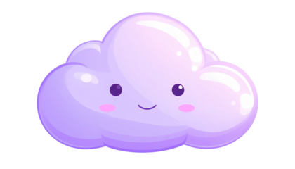 Smiling lavender cloud, round and stylized with soft shading and a happy face, isolated on a transparent background