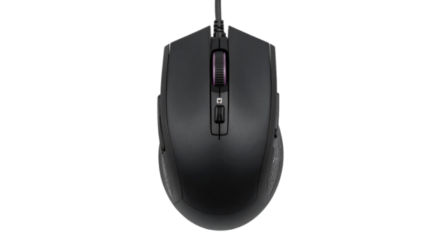 Sleek, matte black gaming mouse centered on dark background, top-down view, with scroll wheel illumination visible