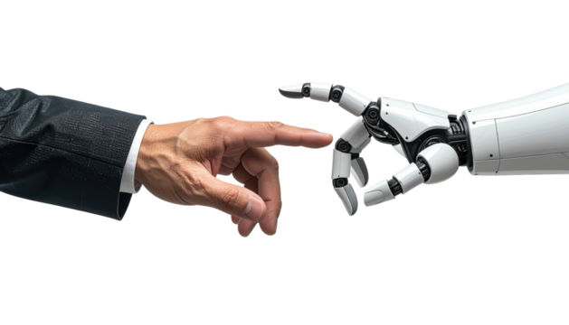 Human and robot fingers touching against a black background, a symbolic gesture of connection between man and machine