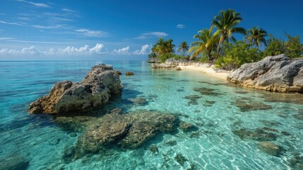 Obraz premium A serene tropical beach with crystal-clear water, white sand, and lush green palm trees under a clear blue sky with a few scattered clouds.