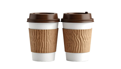 Two white paper cups with brown lids and wavy cardboard sleeves on a black background
