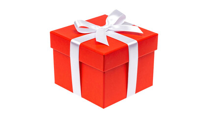 Obraz premium Bright red gift box with white ribbon, against a dark backdrop. Simple and celebratory