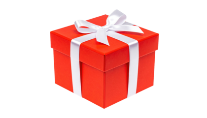 Bright red gift box with white ribbon, against a dark backdrop. Simple and celebratory