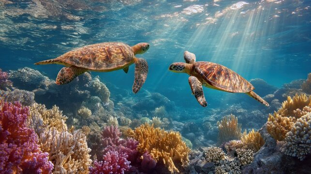 Two sea turtles swimming in clear, blue water with sunbeams shining through the water, surrounded by colorful coral formations.