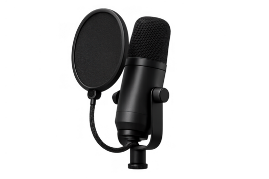 Black condenser microphone with pop filter capturing audio for recording or podcasting on transparent background