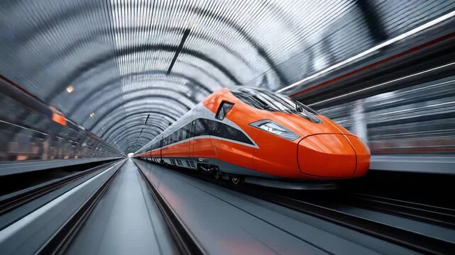 Dynamic Speed: A modern bullet train streaks through a futuristic tunnel, its vibrant orange and silver exterior gleaming as it speeds towards its destination.