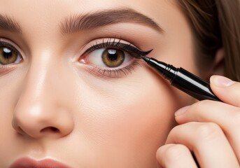 Woman concentrates while applying eyeliner. Close-up of makeup application struggle. Relatable, funny moment of trying to perfect a cat eye. For beauty humor and tutorials.