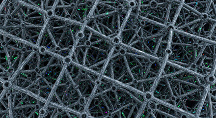 Obraz premium Intricate network of interconnected metallic nodes and lines creating a complex, futuristic abstract background for science and technology themes