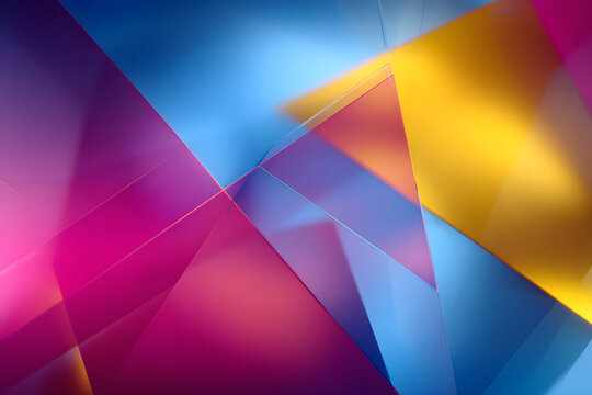 Colorful geometric shapes create a vibrant abstract pattern with reflections and gradients in a dynamic composition